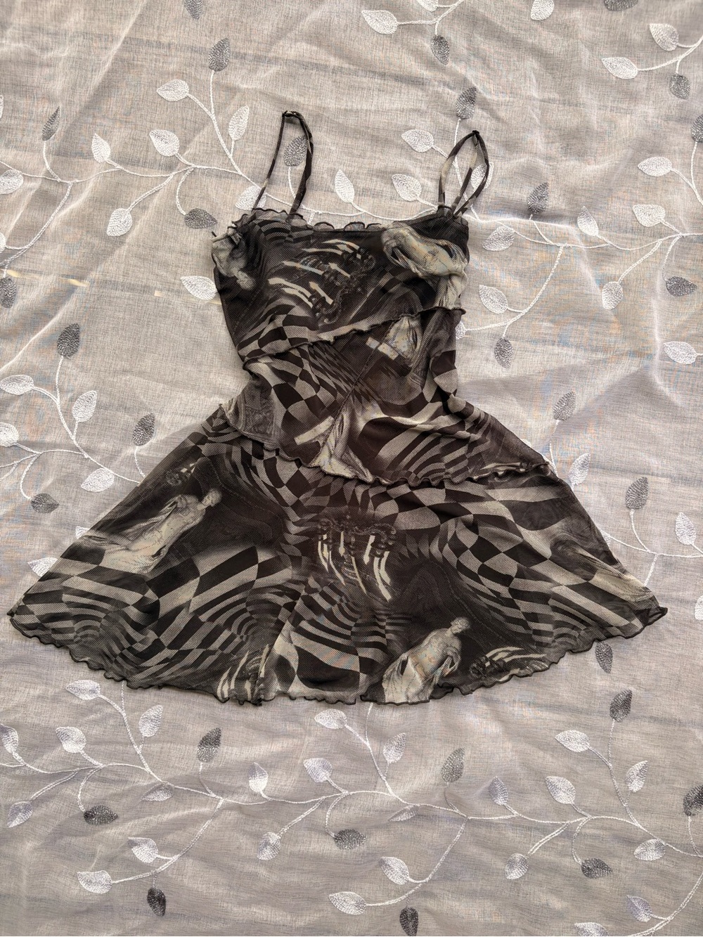 Urban Outfitters XS Black/Gray Geometric Mesh Ruffle Cowl Neck Mini Slip Dress